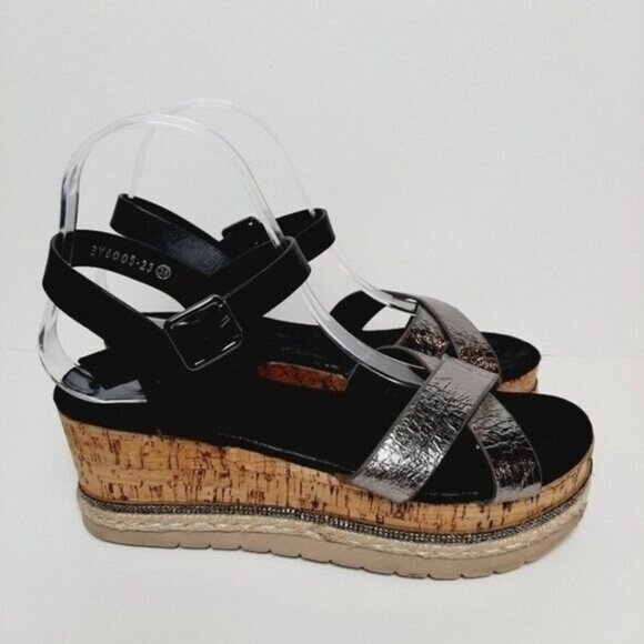 LORA FERRES Patform Wedge Sandals Strappy Black & Silver Sz Eur 38 | US 8 - Picture 3 of 12